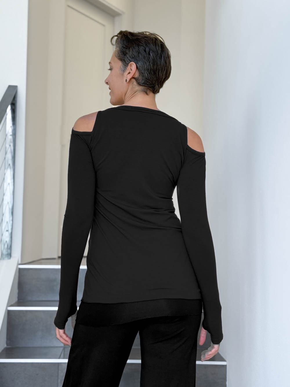 women's plant based stretchy rayon jersey black peekaboo long sleeve top with thumbholes #color_black