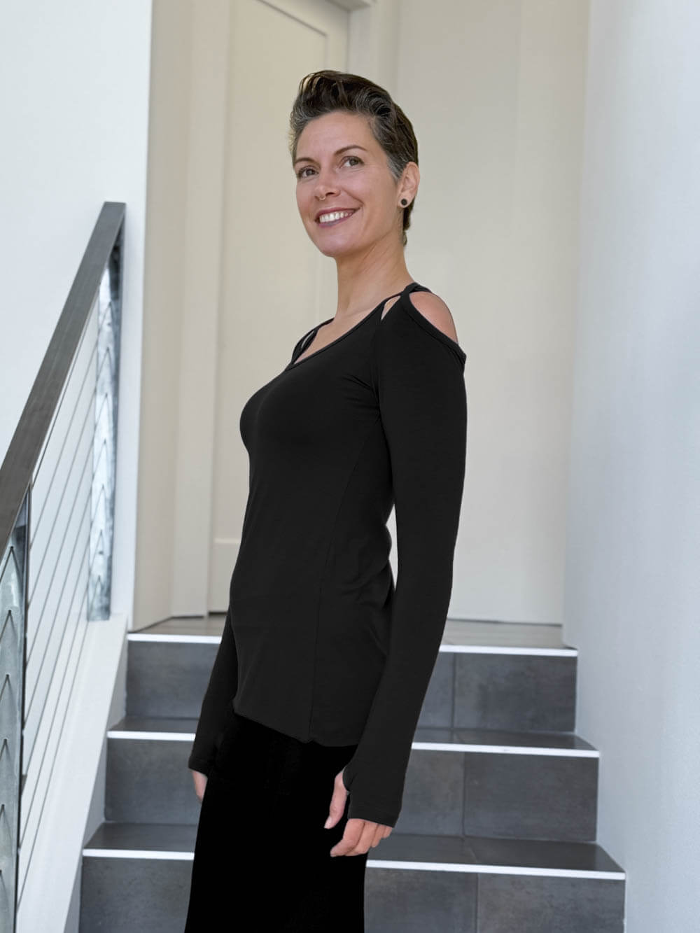 women's plant based stretchy rayon jersey black peekaboo long sleeve top with thumbholes #color_black