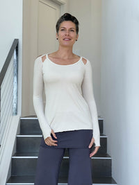 women's plant based stretchy rayon jersey cream peekaboo long sleeve top with thumbholes #color_cream