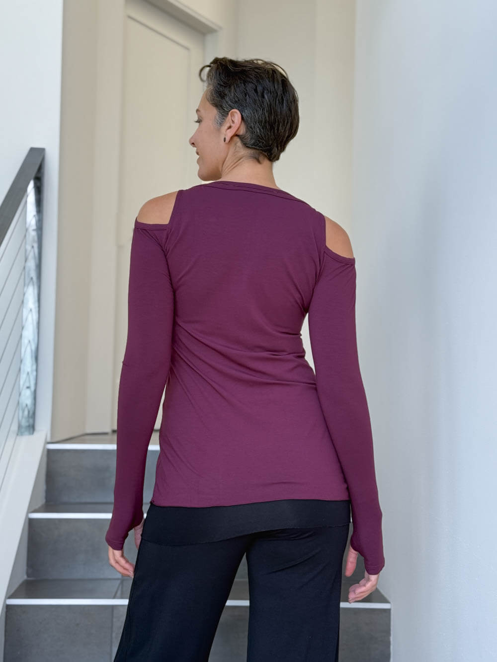 women's plant based stretchy rayon jersey purple peekaboo long sleeve top with thumbholes #color_jam