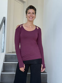 women's plant based stretchy rayon jersey purple peekaboo long sleeve top with thumbholes #color_jam