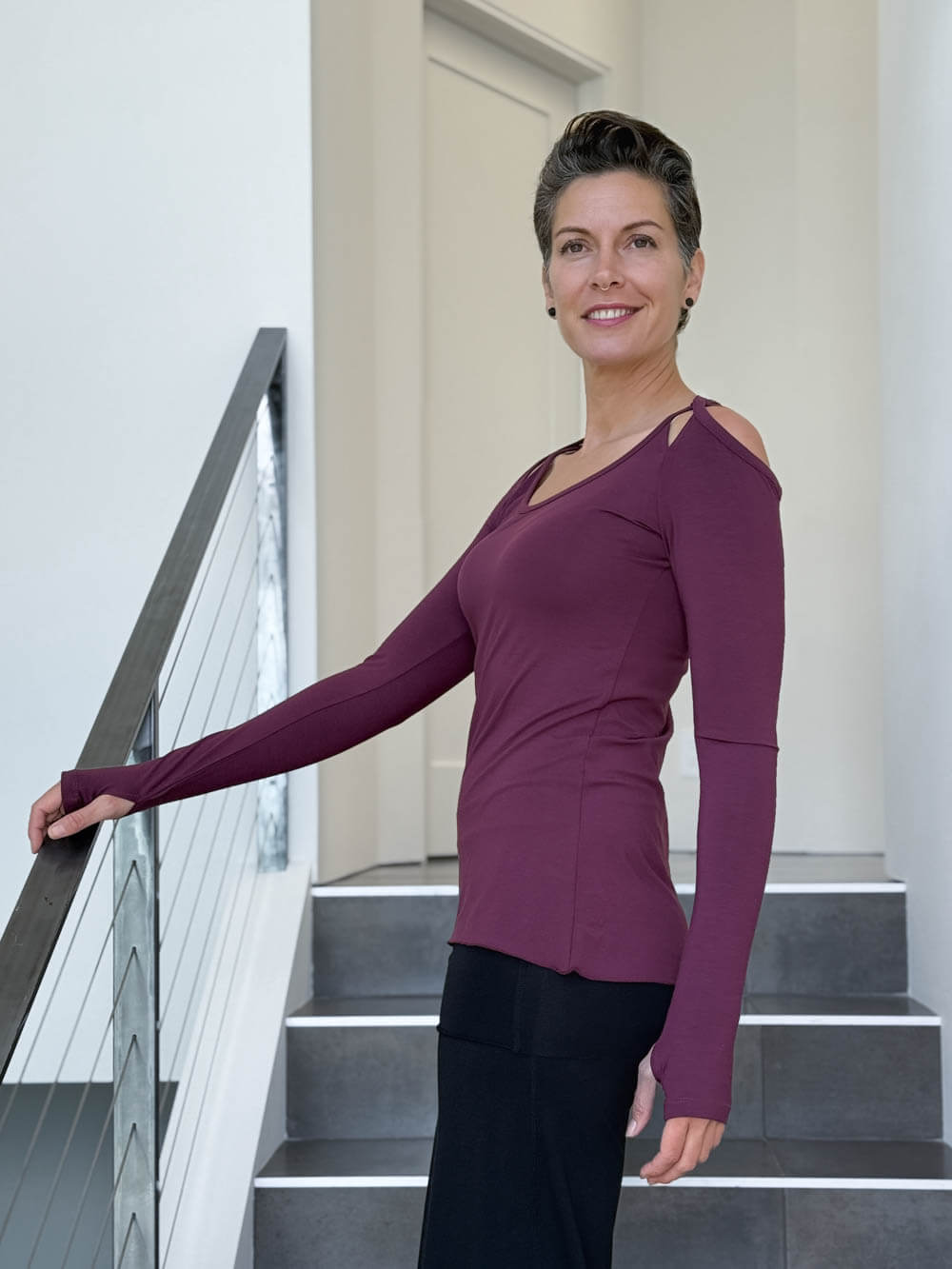 women's plant based stretchy rayon jersey purple peekaboo long sleeve top with thumbholes #color_jam
