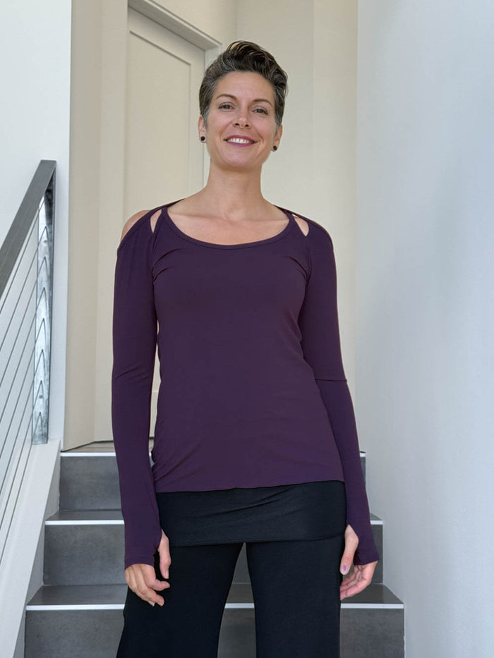 women's plant based stretchy rayon jersey purple peekaboo long sleeve top with thumbholes #color_plum