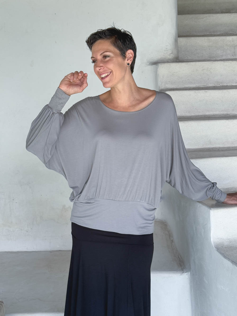 caraucci women's plant-based lightweight rayon jersey light gray dolman long sleeve loose fit top #color_stone