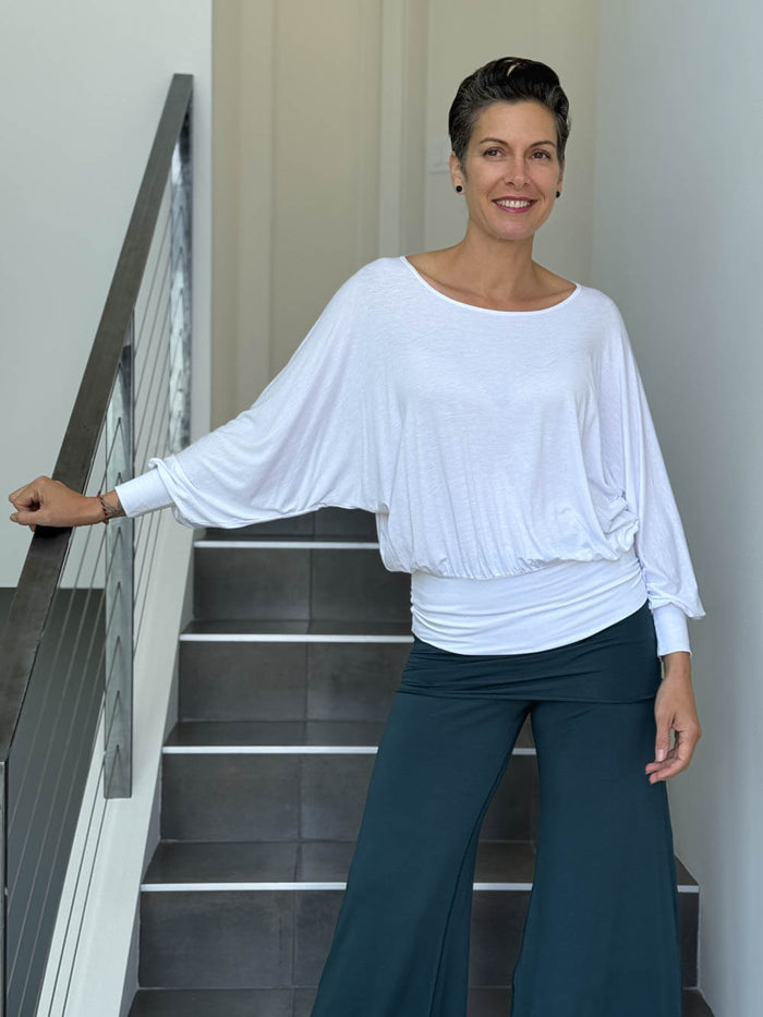 caraucci women's plant-based lightweight rayon jersey white dolman long sleeve loose fit top #color_white