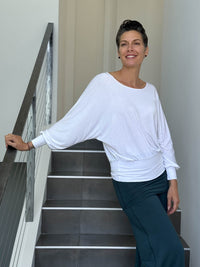 caraucci women's plant-based lightweight rayon jersey white dolman long sleeve loose fit top #color_white