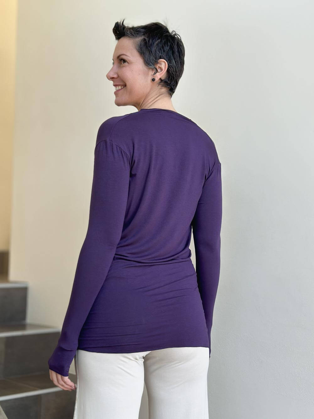 women's plant based rayon jersey lightweight long sleeve purple top with thumbholes #color_plum