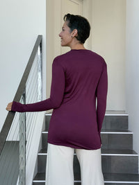 women's jersey draped neck long sleeve purple top with thumbholes #color_jam