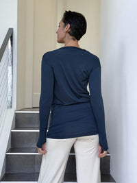 women's jersey draped neck long sleeve navy blue top with thumbholes #color_navy