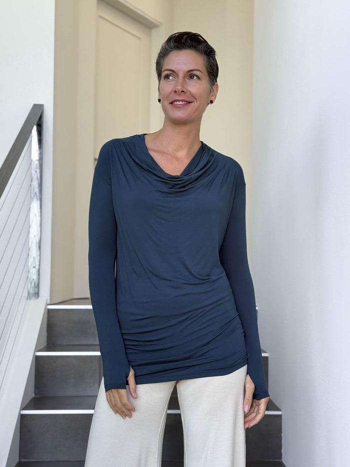 women's jersey draped neck long sleeve navy blue top with thumbholes #color_navy