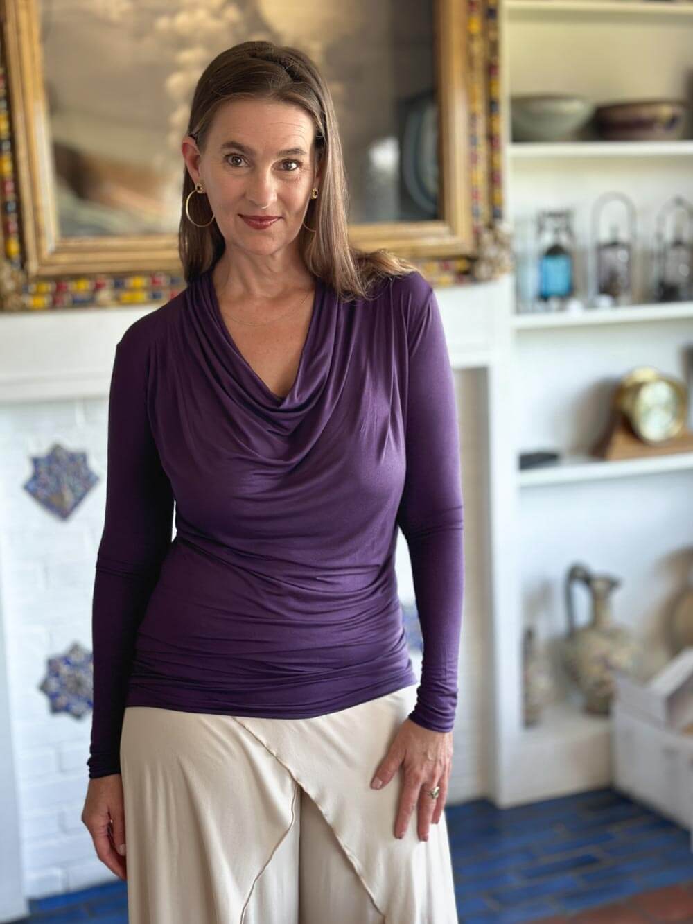 women's plant based rayon jersey lightweight long sleeve purple top with thumbholes #color_plum