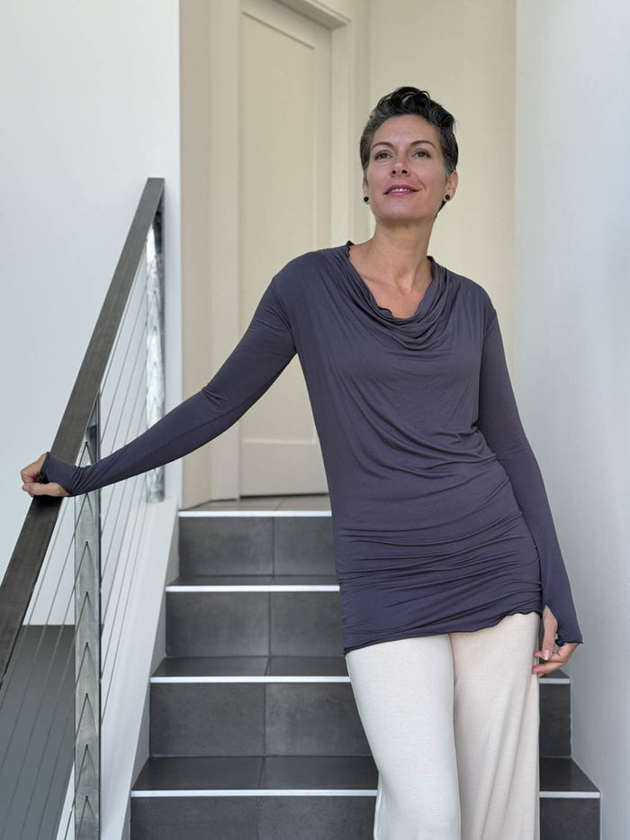 women's jersey draped neck long sleeve gray top with thumbholes #color_steel