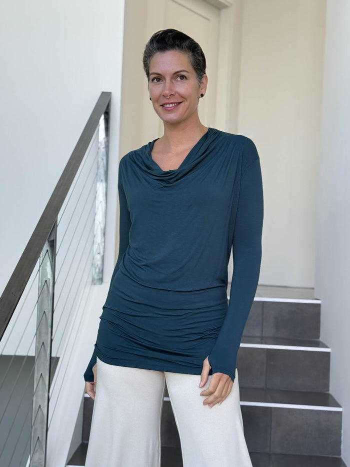 women's jersey draped neck long sleeve teal blue top with thumbholes #color_teal