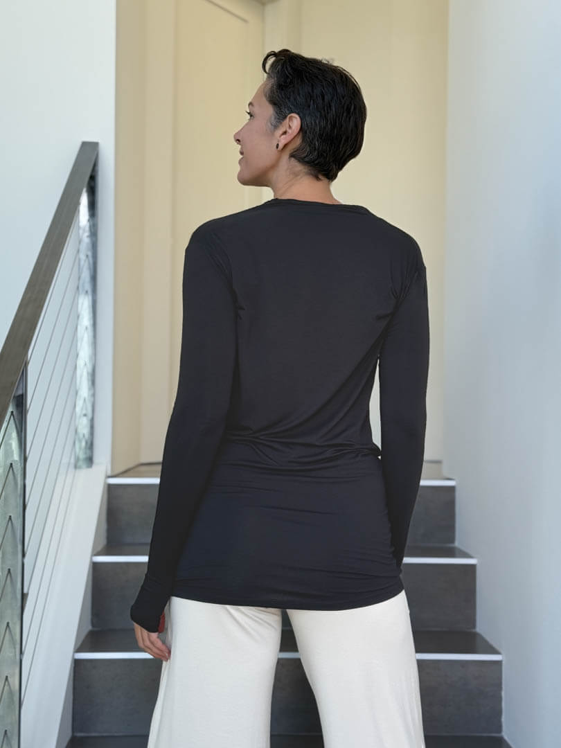 women's jersey draped neck long sleeve black top with thumbholes #color_black