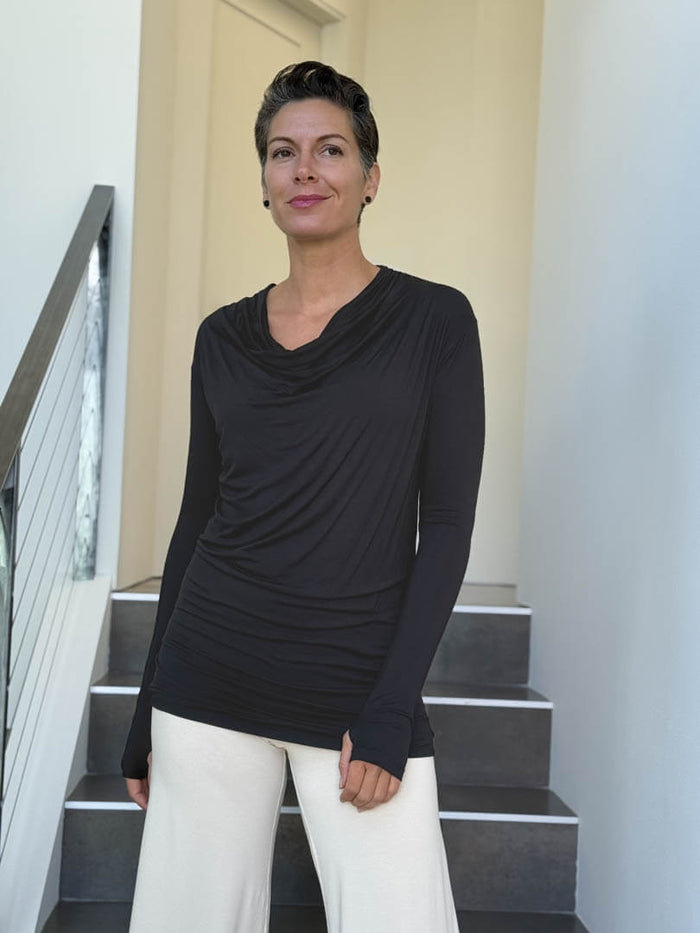 women's jersey draped neck long sleeve black top with thumbholes #color_black