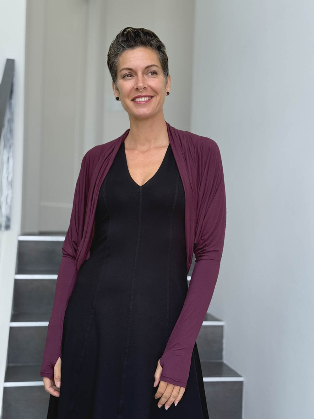 women's plant based rayon jersey loose fit purple dolman sleeve shrug with thumbholes #color_jam