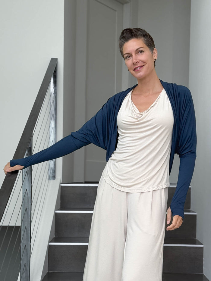 women's plant based rayon jersey loose fit navy blue dolman sleeve shrug with thumbholes #color_navy