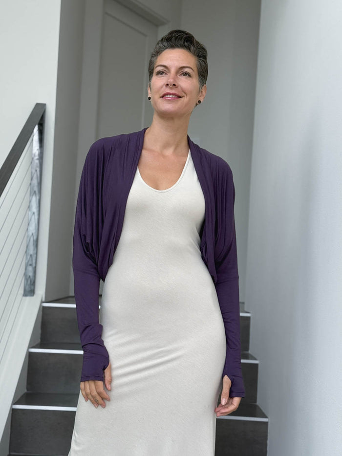 women's plant based rayon jersey loose fit purple dolman sleeve shrug with thumbholes #color_plum