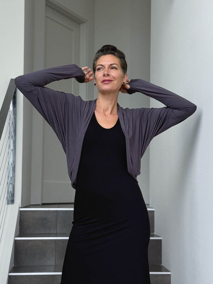 caraucci women's lightweight plant based rayon jersey steel grey loose fit shrug #color_steel