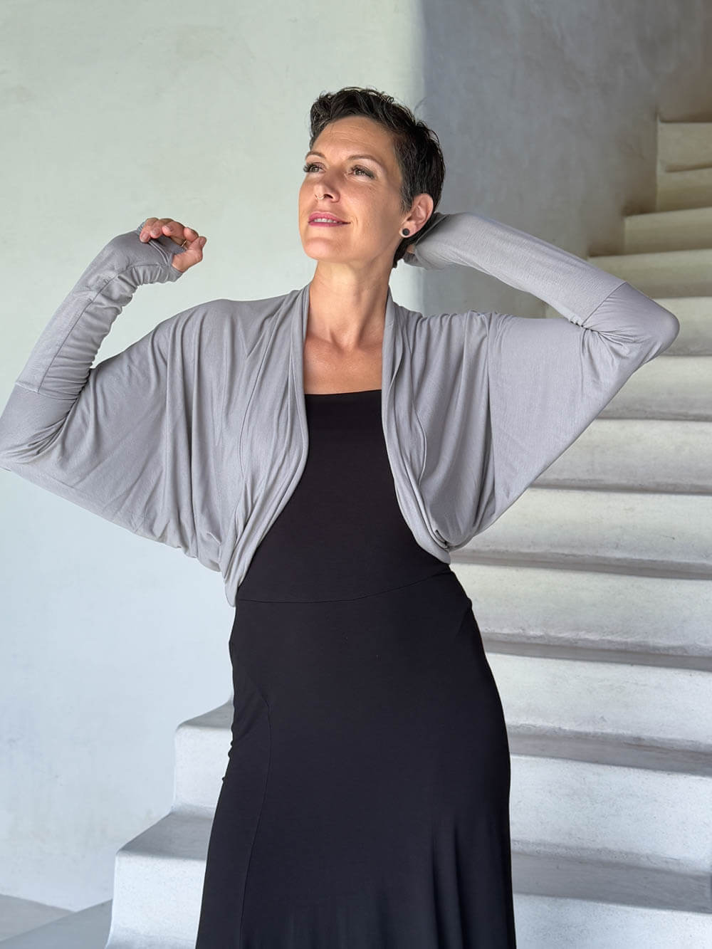 caraucci women's lightweight plant based rayon jersey light gray loose fit dolman sleeved shrug #color_stone