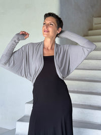 caraucci women's lightweight plant based rayon jersey light gray loose fit dolman sleeved shrug #color_stone