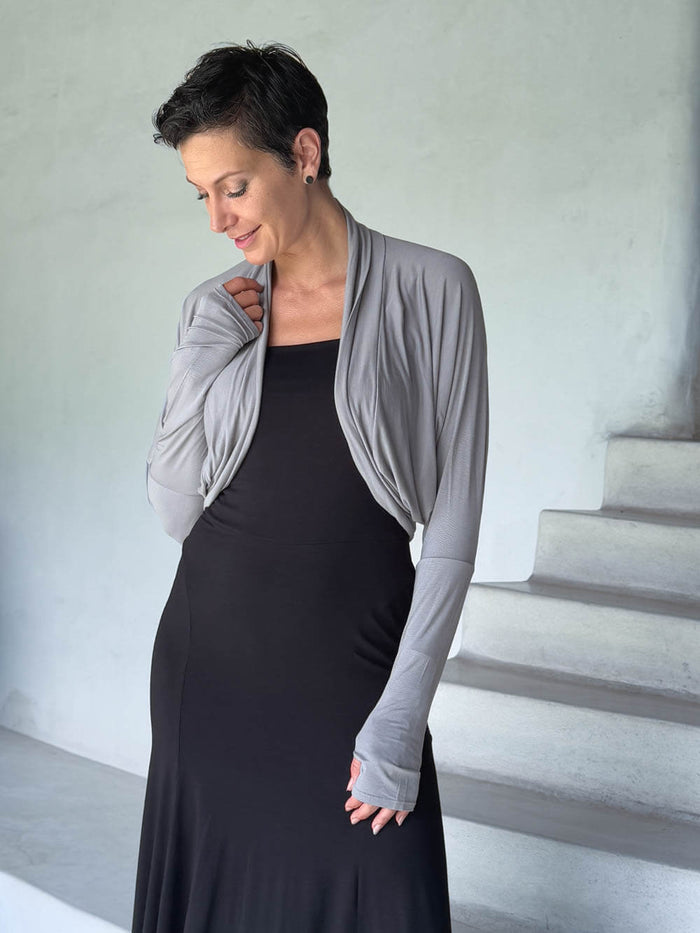 caraucci women's lightweight plant based rayon jersey light gray loose fit dolman sleeved shrug #color_stone