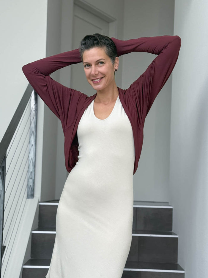 women's plant based rayon jersey loose fit maroon dolman sleeve shrug with thumbholes #color_wine