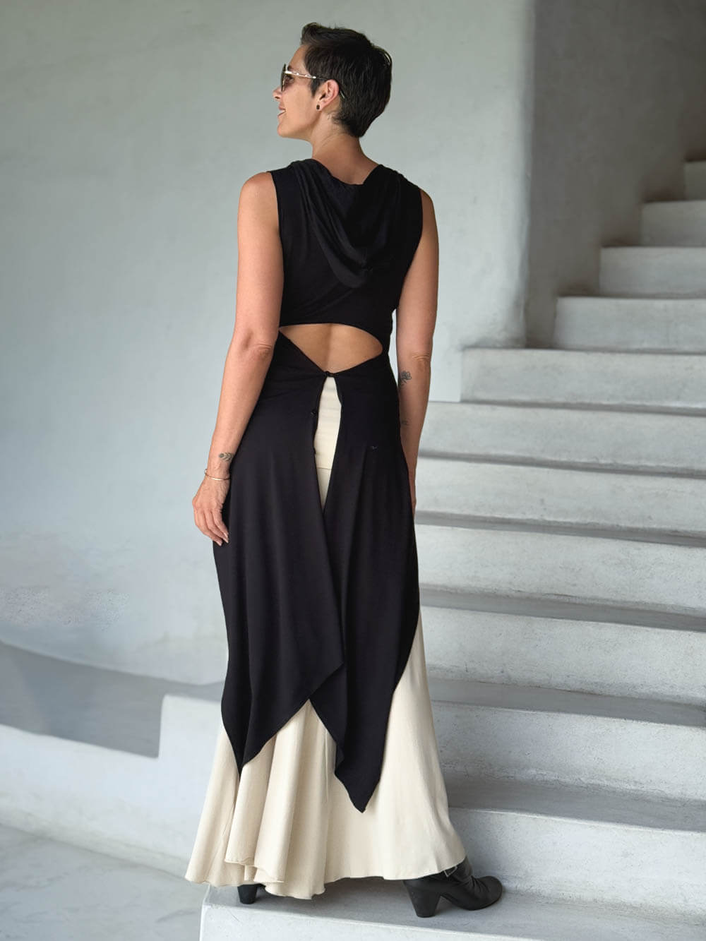 women's plant based rayon jersey one size adjustable hooded black wrap vest or top #color_black