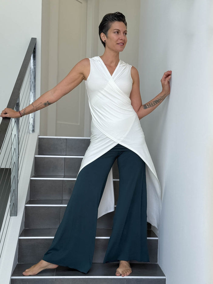 women's stretchy rayon jersey adjustable hooded white ninja wrap vest or top #color_off-white