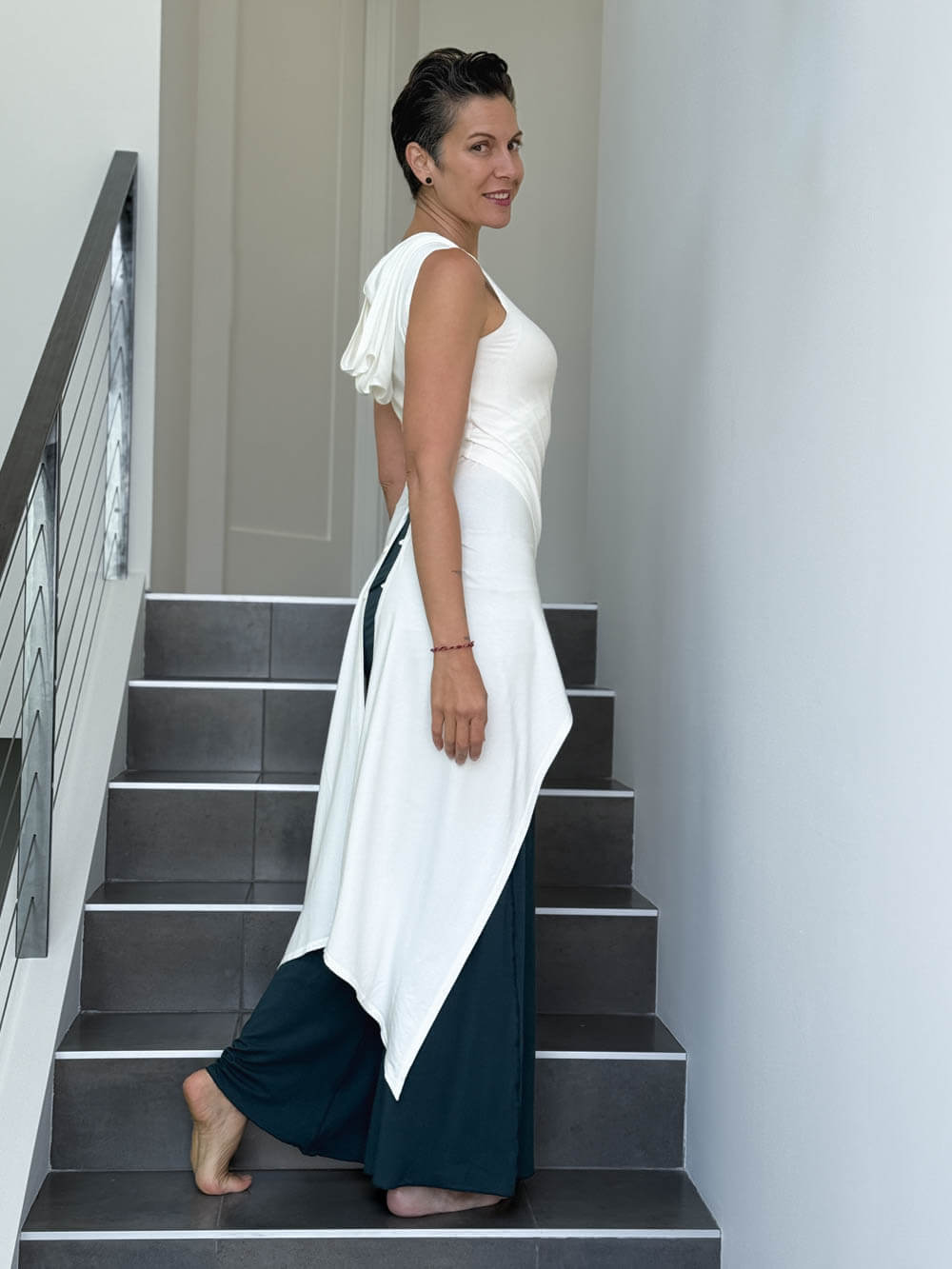 women's stretchy rayon jersey adjustable hooded white ninja wrap vest or top #color_off-white