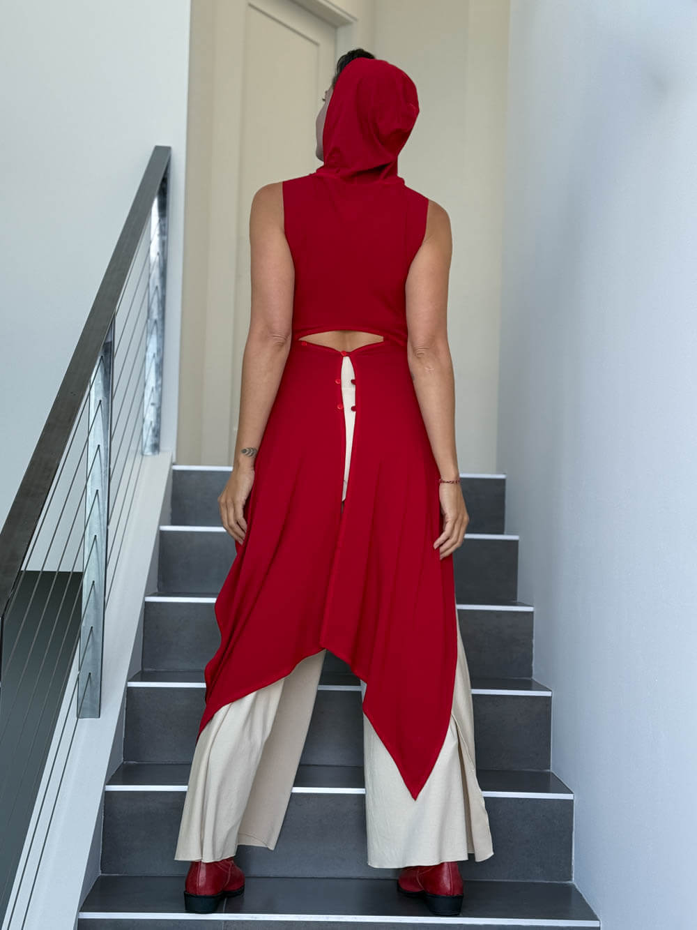 women's stretchy rayon jersey adjustable hooded red ninja wrap vest or top #color_red