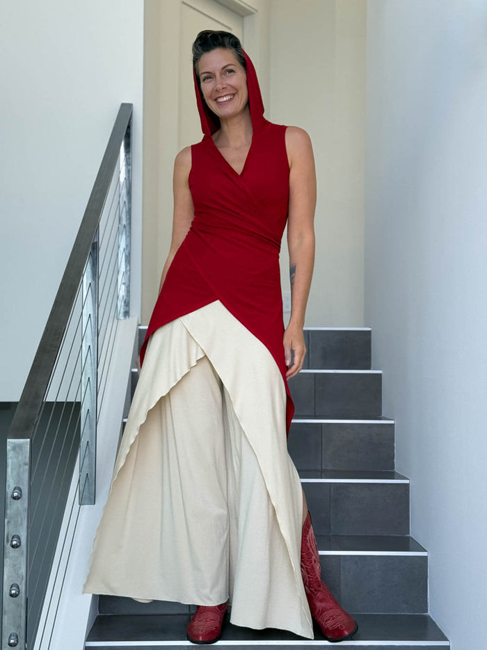 women's stretchy rayon jersey adjustable hooded red ninja wrap vest or top #color_red