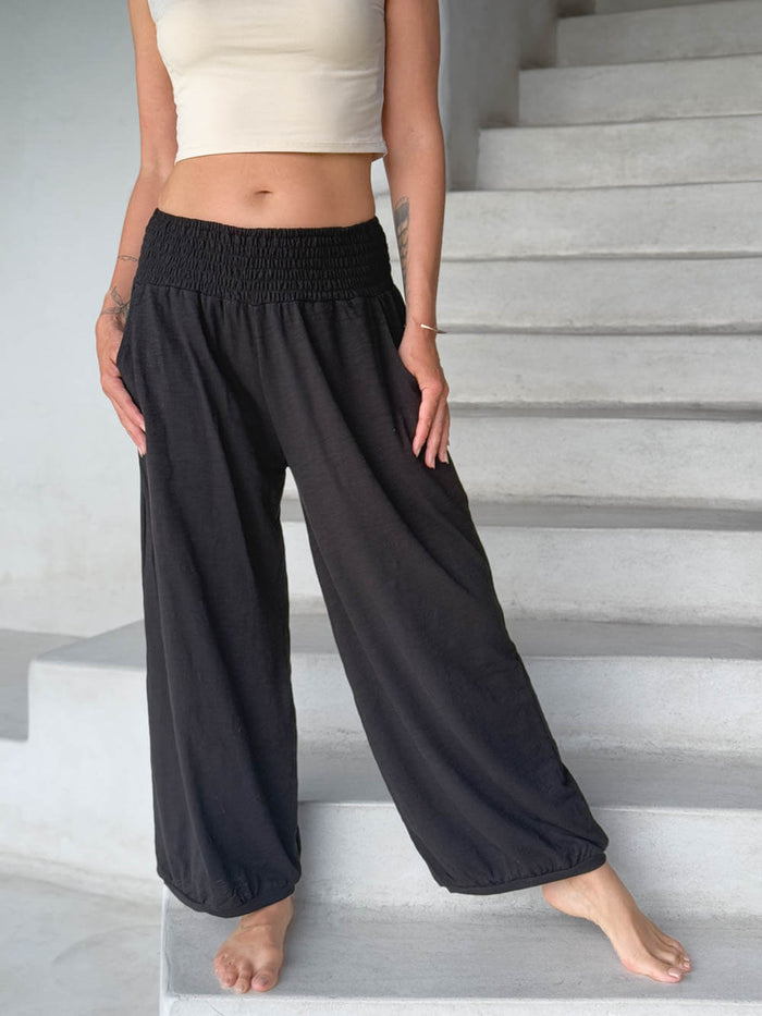 caraucci-black-smocked waist cotton jogger pants with side pockets #color_black