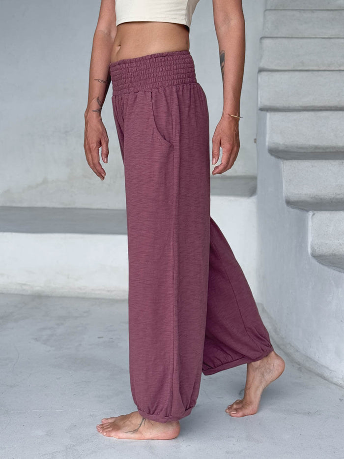 caraucci-pink-smocked waist cotton jogger pants with side pockets #color_mangosteen