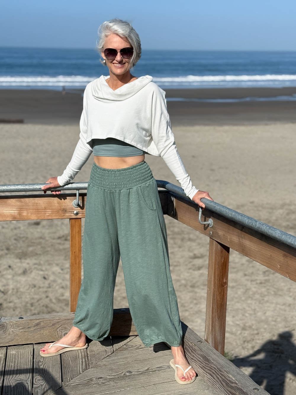 caraucci bamboo cotton fleece white cropped cowl neck long sleeve shrug with thumbholes #color_off-white