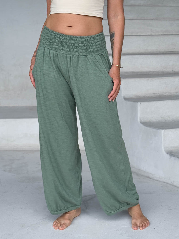 caraucci-matcha-smocked waist cotton jogger pants with side pockets #color_matcha