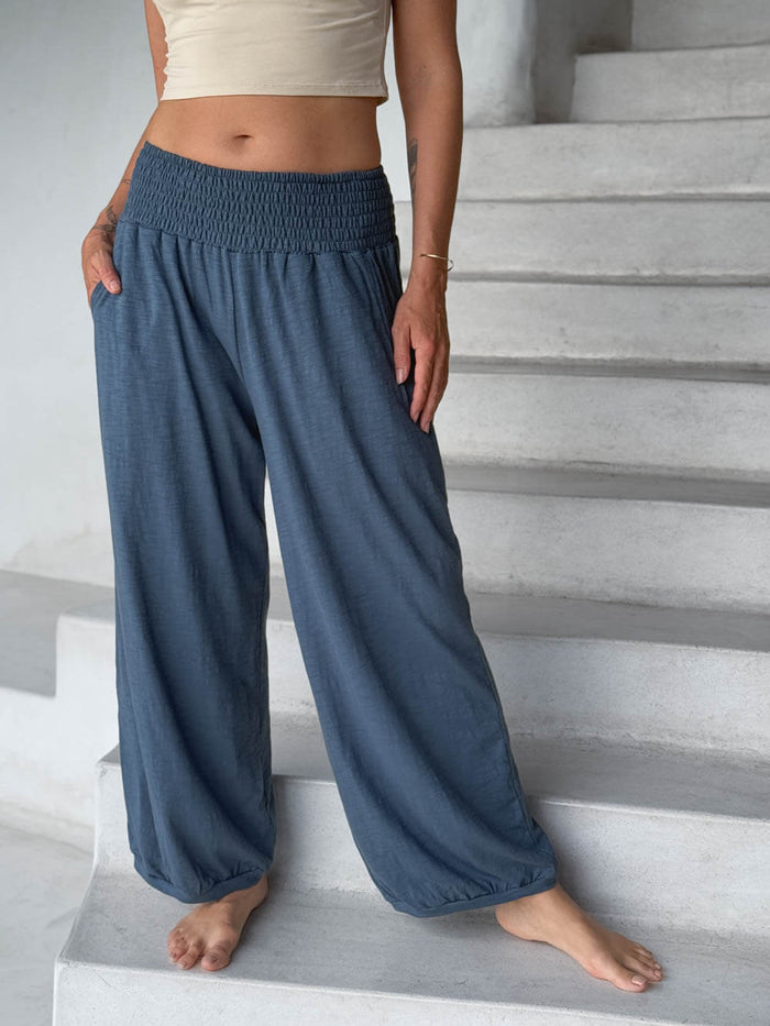caraucci-blue-smocked waist cotton jogger pants with side pockets #color_pacific