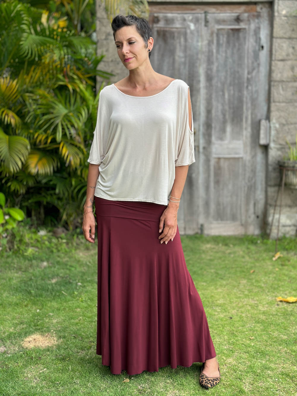 caraucci loose oversized peekaboo shoulder short sleeve cream top #color_cream