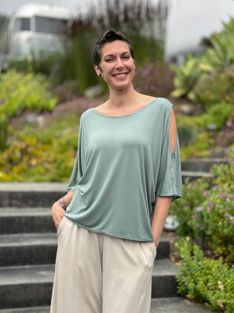 caraucci loose one size peekaboo shoulder short sleeve sage green top #color_moss