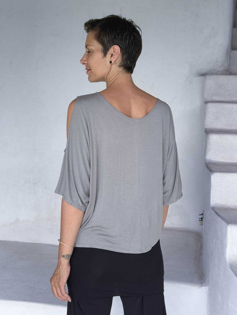 caraucci loose one size peekaboo shoulder short sleeve light grey top #color_stone