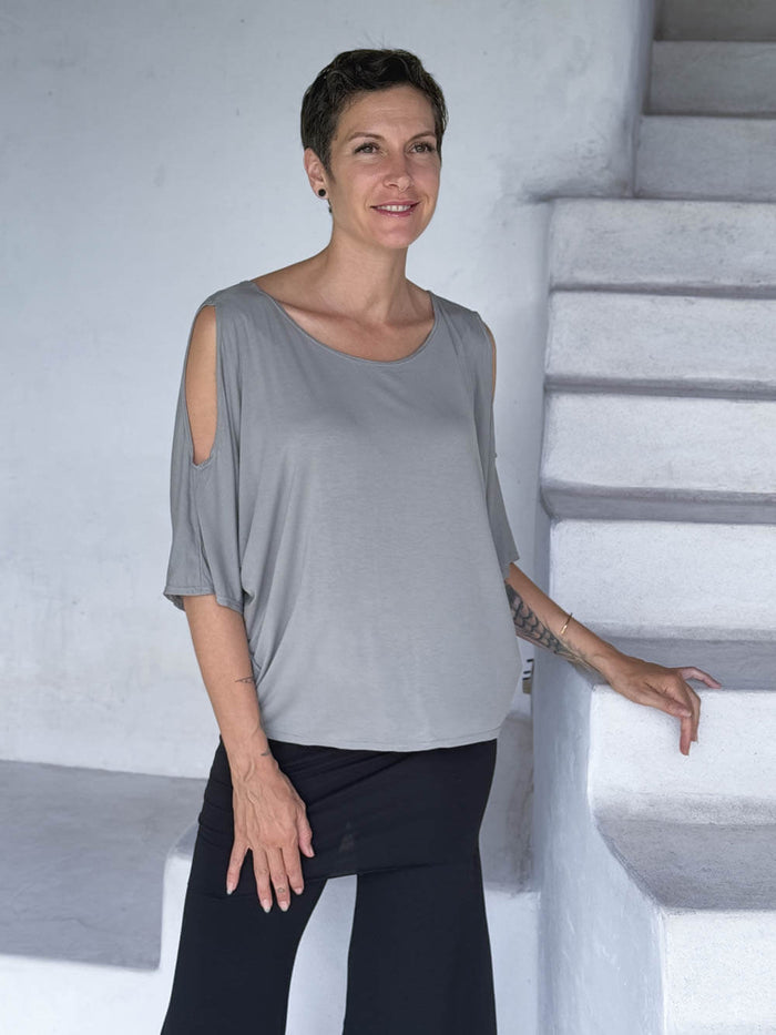 caraucci loose one size peekaboo shoulder short sleeve light grey top #color_stone