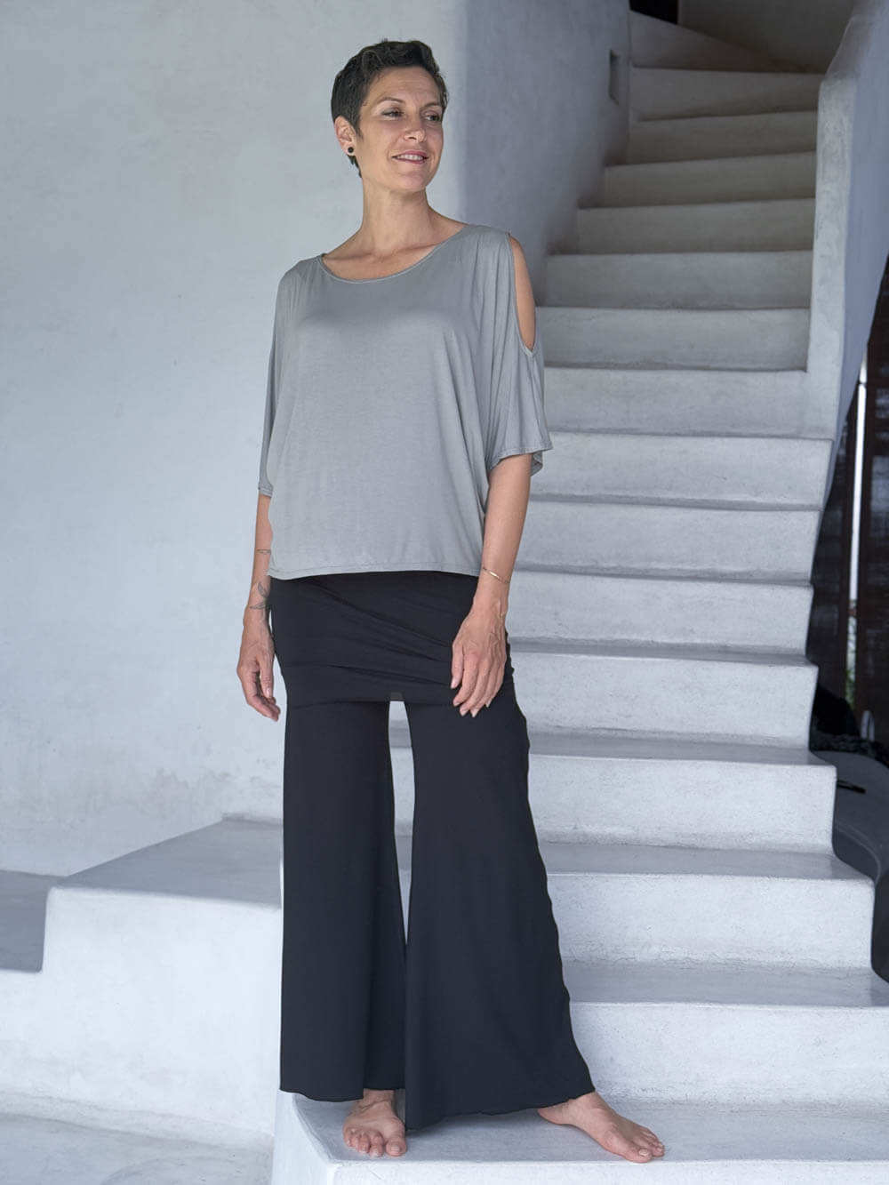 caraucci loose one size peekaboo shoulder short sleeve light grey top #color_stone