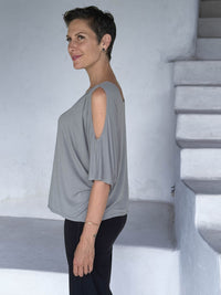 caraucci loose one size peekaboo shoulder short sleeve light grey top #color_stone