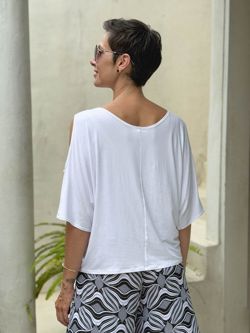 caraucci loose one size peekaboo shoulder short sleeve white top #color_white