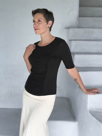 caraucci jersey round neck fitted short sleeve black top #color_black