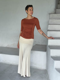 caraucci jersey round neck fitted short sleeve orange top #color_copper