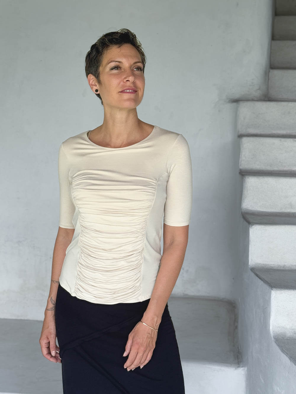 caraucci jersey round neck fitted short sleeve cream top #color_cream