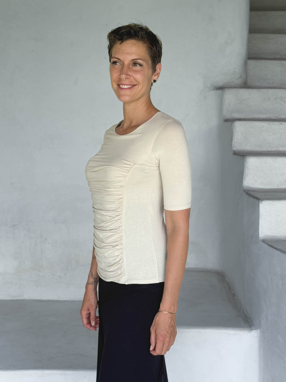 caraucci jersey round neck fitted short sleeve cream top #color_cream