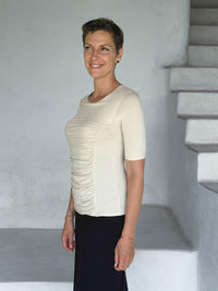 caraucci jersey round neck fitted short sleeve cream top #color_cream