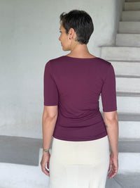 caraucci jersey round neck fitted short sleeve purple top back view #color_jam